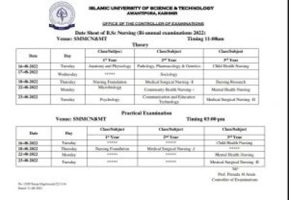 Date Sheet of B.Sc Nursing 1st 2nd & 3rd Year Bi Annual examinations 2022