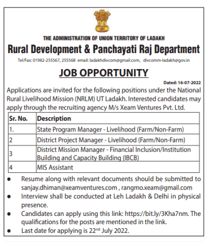Rural Development & Panchayati Raj Department Recruitment 2022 Applications are invited for the following positions under the National Rural Livelihood Mission