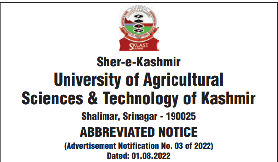 Recruitment: Sher-e-Kashmir University of Agricultural Sciences & Technology of Kashmir